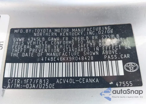 2009 Toyota Camry Le z USA, uszkodzony, nr VIN 4T4BE46KX9R048428